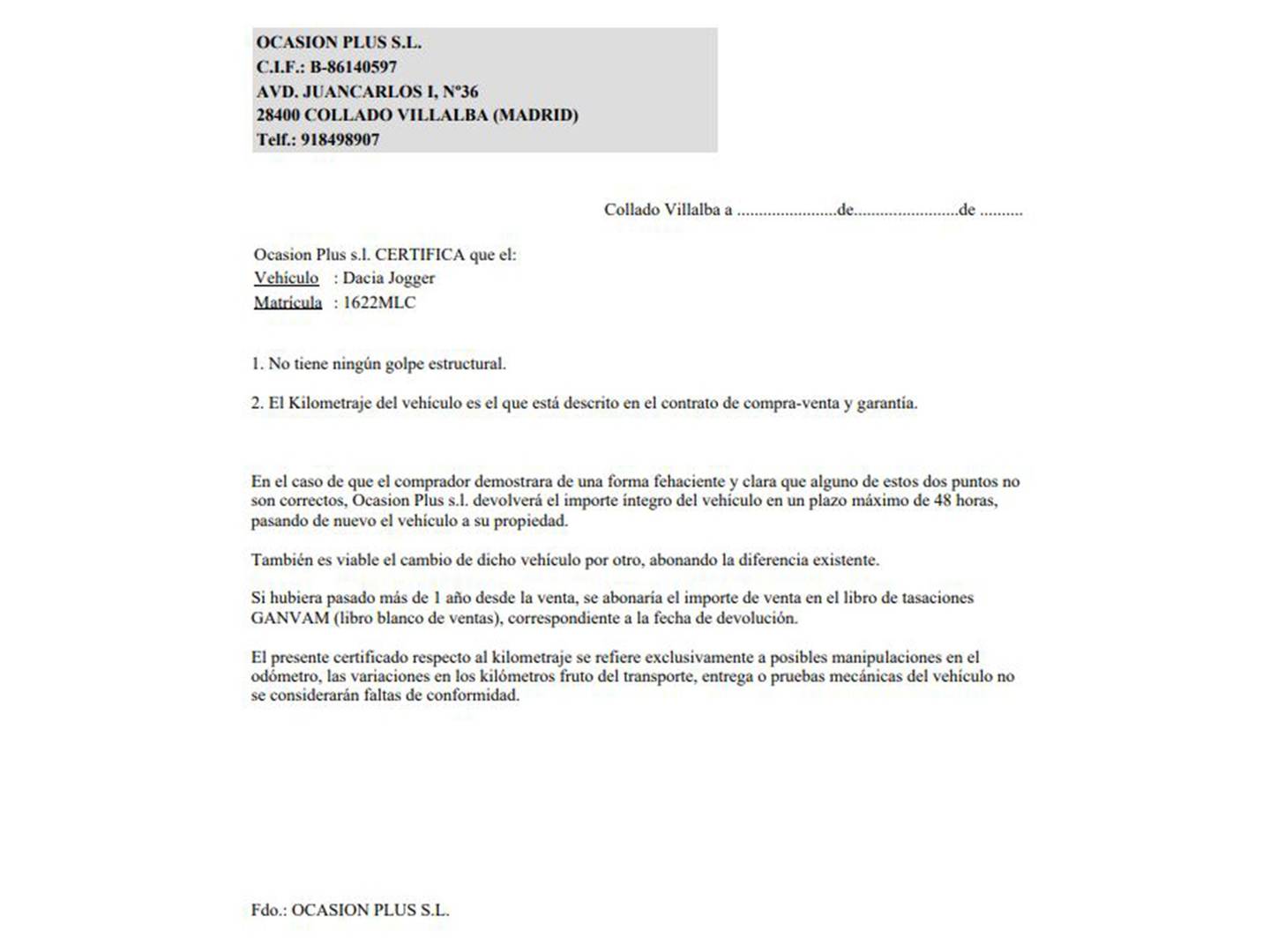 Foto del certificado del Dacia Jogger Dacia Jogger Extreme Hybrid (140 CV) 7 Plazas