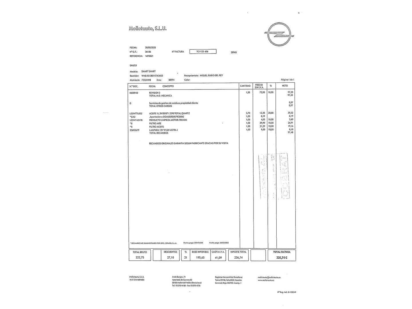 Foto del mantenimiento del Smart fortwo Smart ForTwo Coupe 52 mhd Pulse (71 CV)