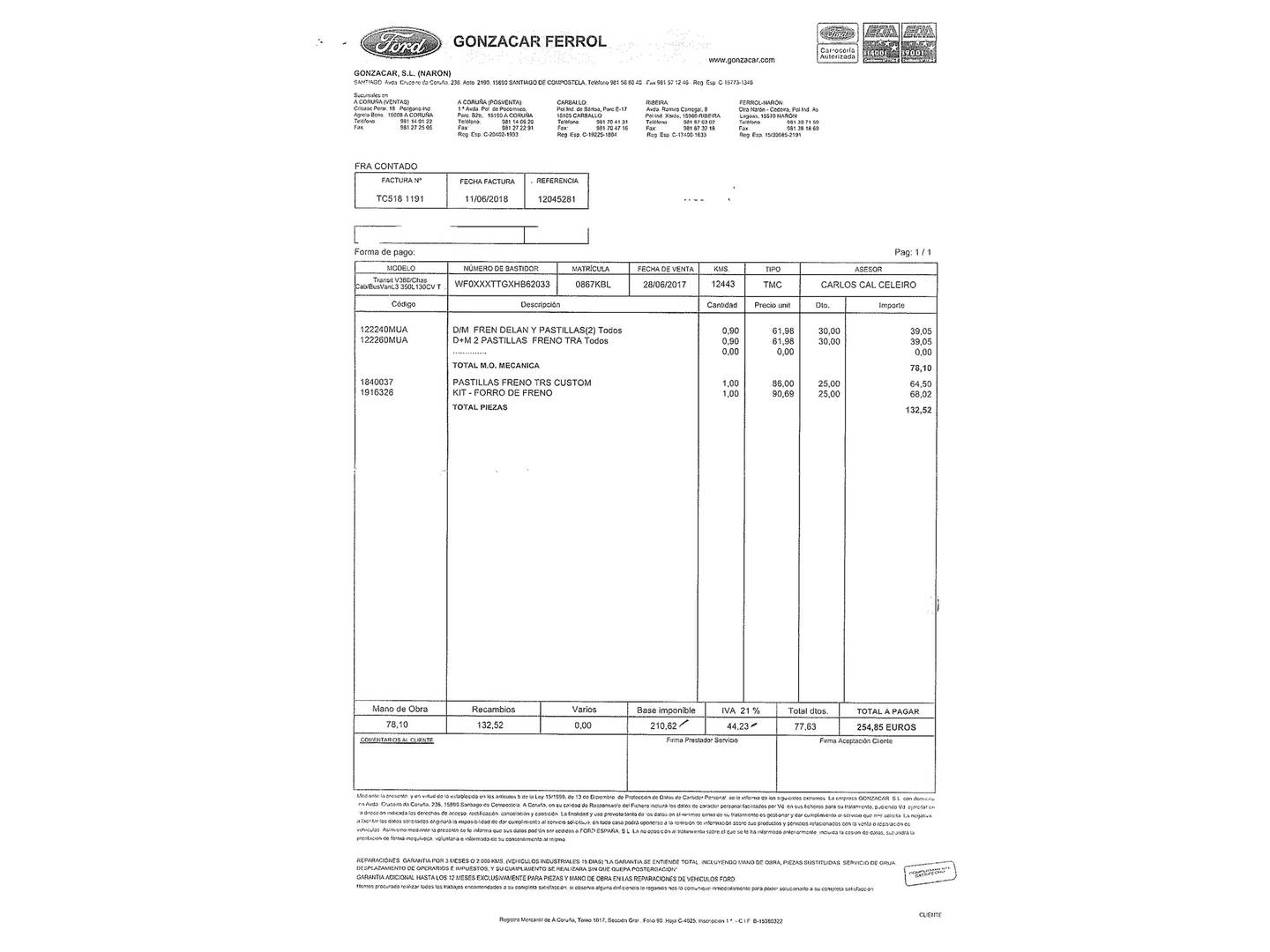 Foto del mantenimiento del Ford Transit Ford Transit Furgon 350 L3H2 Trend Delantera (130 CV)