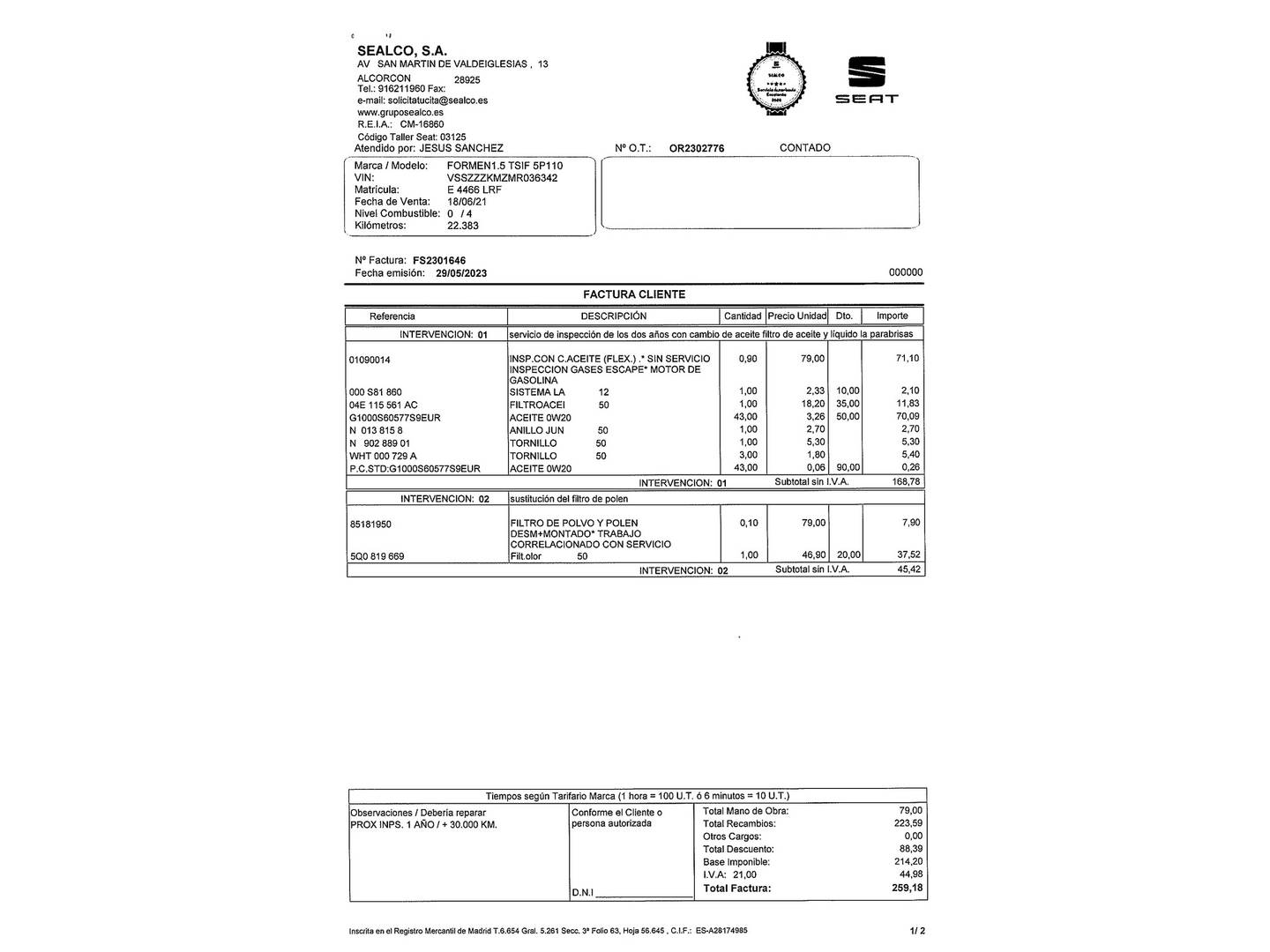 Foto del mantenimiento del Cupra Formentor Cupra Formentor 1.5 TSI DSG (150 CV)