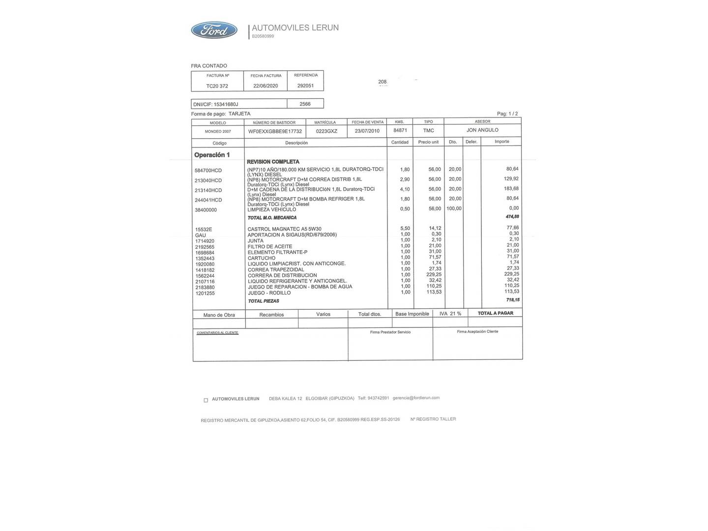 Foto del mantenimiento del Ford Mondeo Ford Mondeo Mondeo 1.8 TDCI Econetic (125 CV)