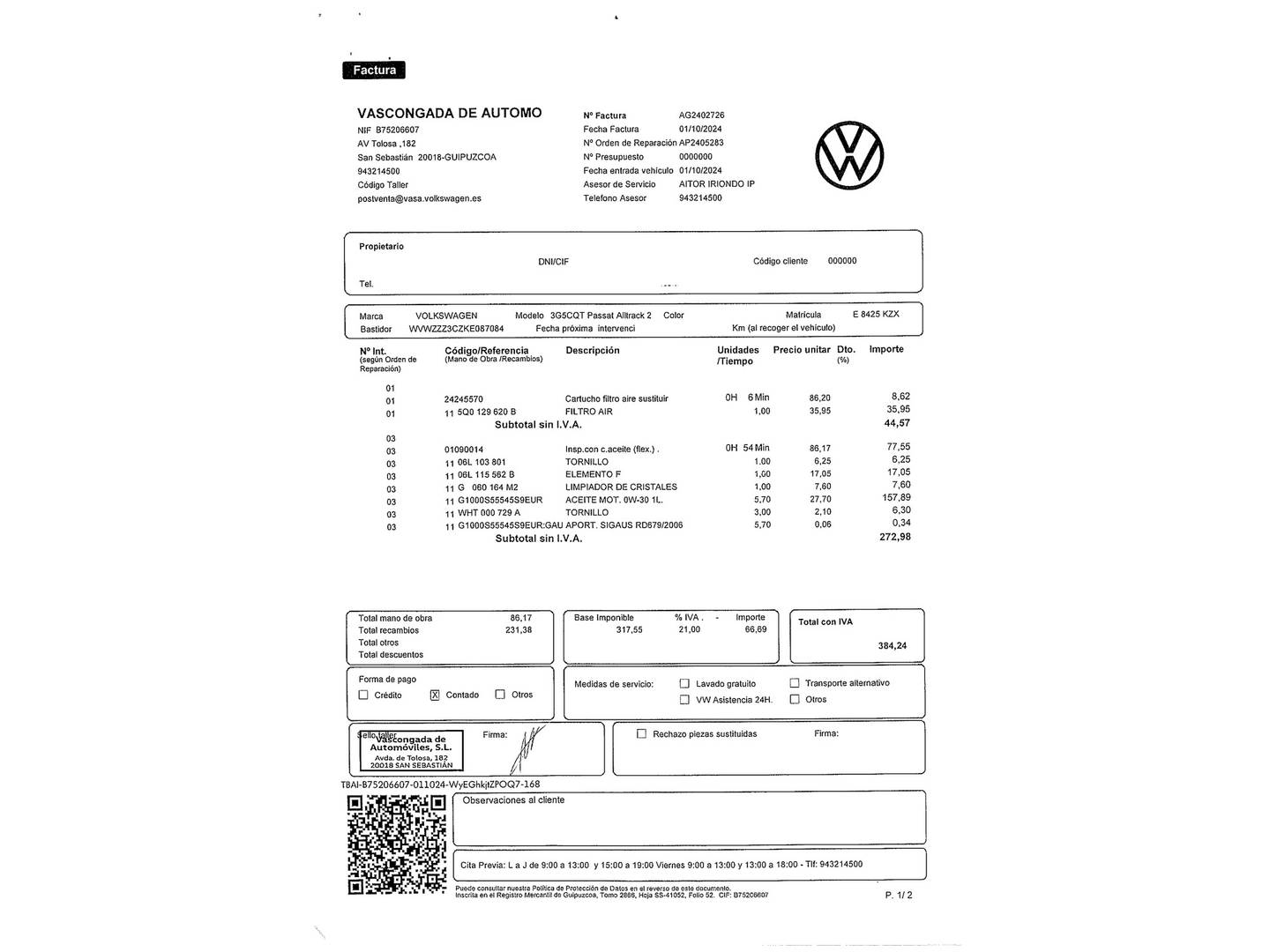 Foto del mantenimiento del Volkswagen Passat Volkswagen Passat Alltrack 2.0 TSI 4Motion (272 CV) DSG