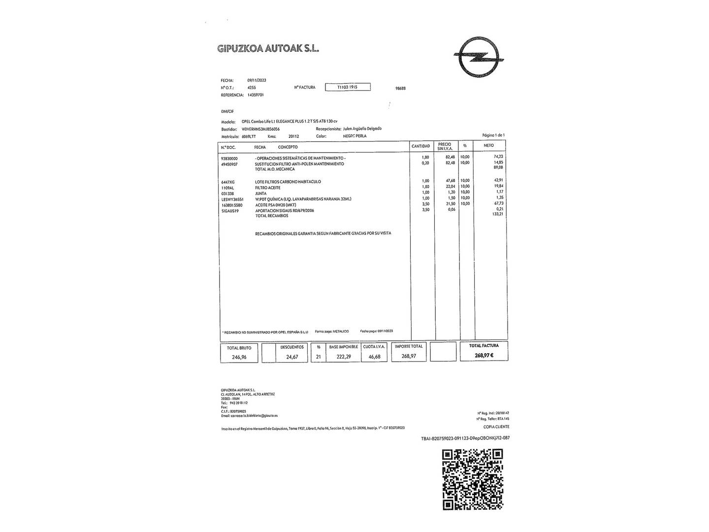 Foto del mantenimiento del Opel Combo Life Opel Combo Life 1.2 T Elegance Plus L Auto (130 CV)