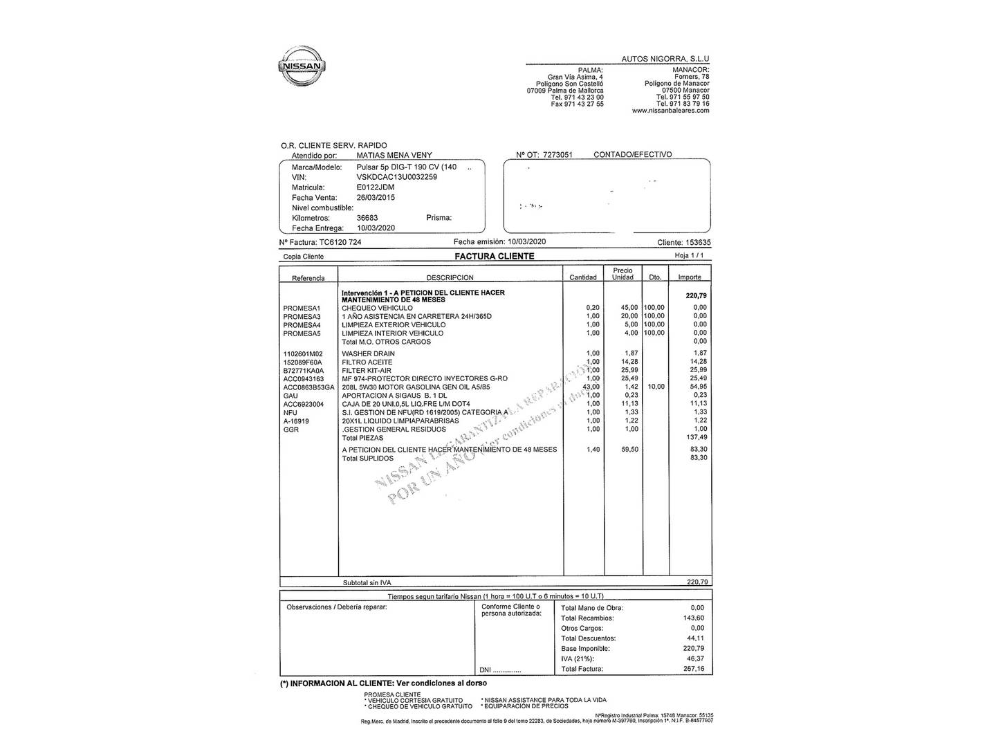 Foto del mantenimiento del Nissan PULSAR Nissan Pulsar DIG-T 190 Tekna (190 CV)