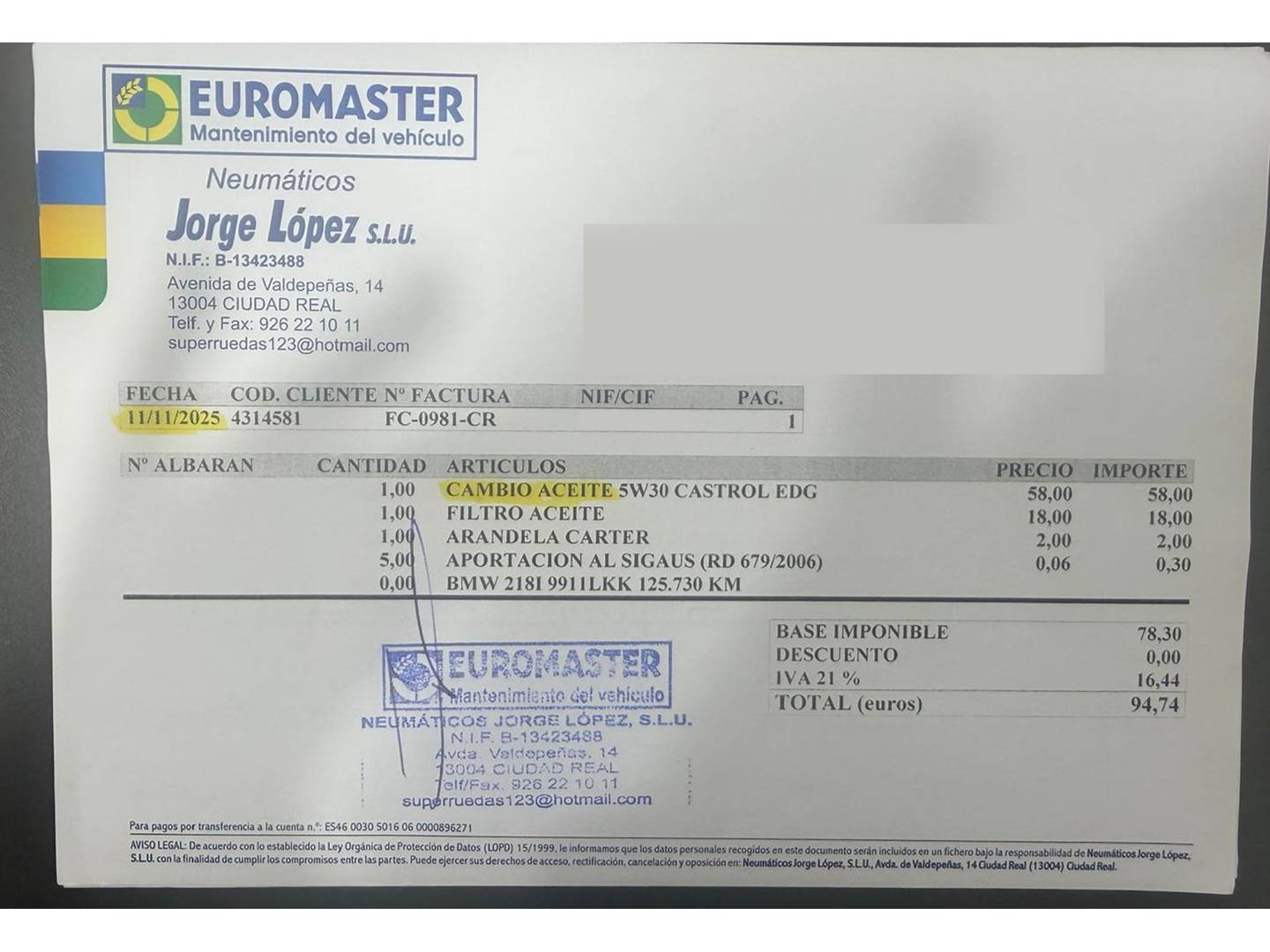 Foto del mantenimiento del BMW Serie 2 BMW Serie 2 218i Gran Coupe (140 CV) Pack M