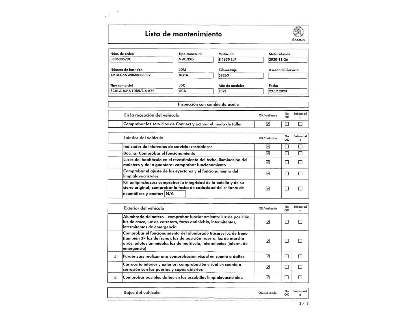 Foto del mantenimiento del Skoda Scala Skoda Scala 1.6 TDI Ambition DSG (115 CV)