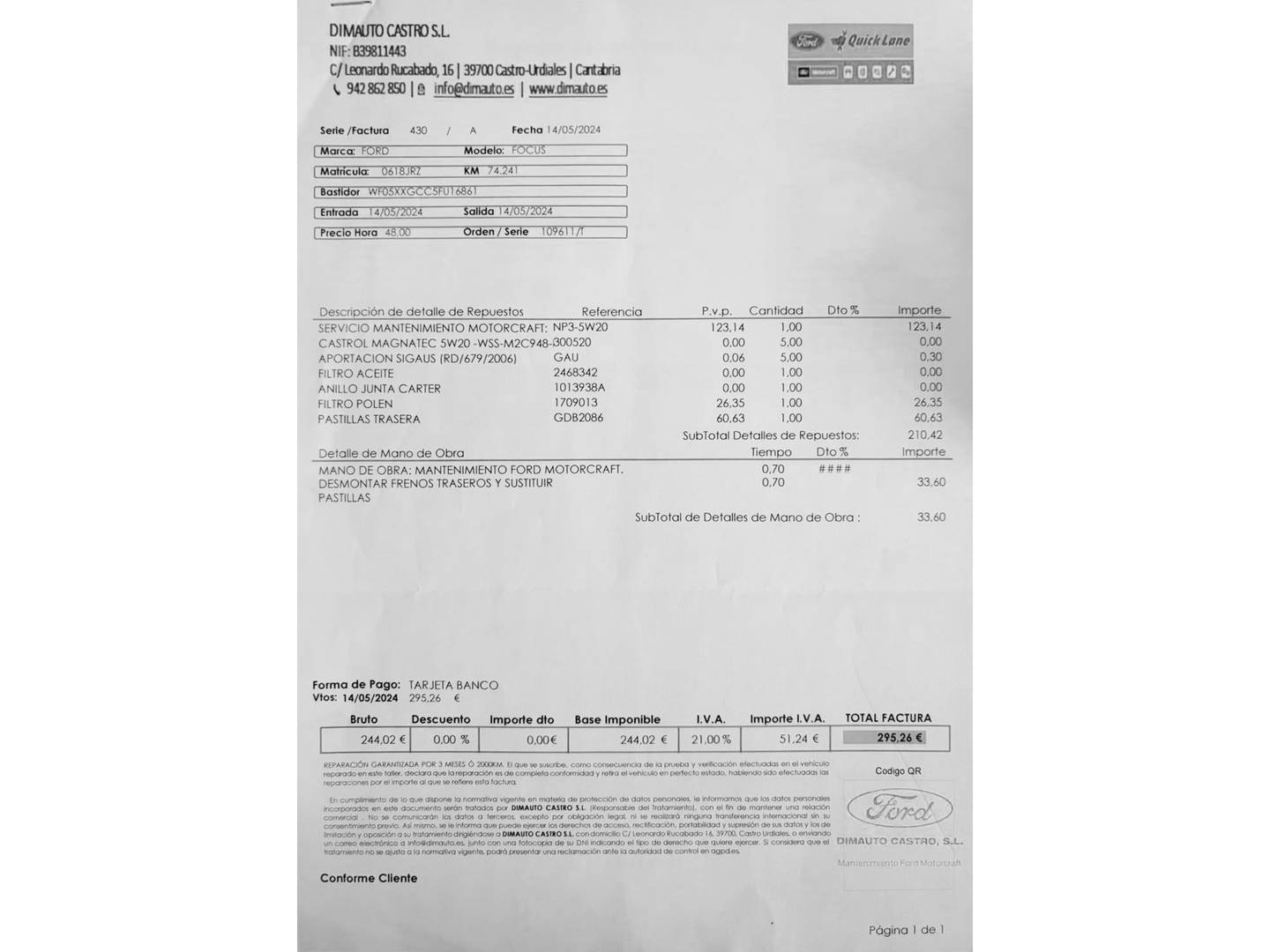 Foto del mantenimiento del Ford Focus Ford Focus 1.0 Ecoboost S&S Titanium (125 CV)