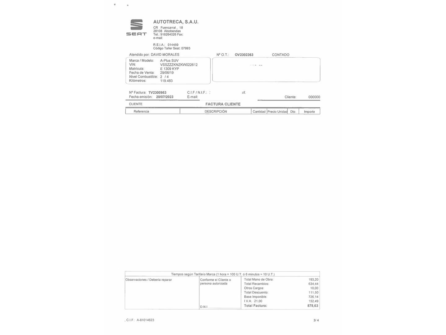 Foto del mantenimiento del Seat Tarraco Seat Tarraco 2.0 TDI S&S Xcellence Plus 4Drive DSG (190 CV)