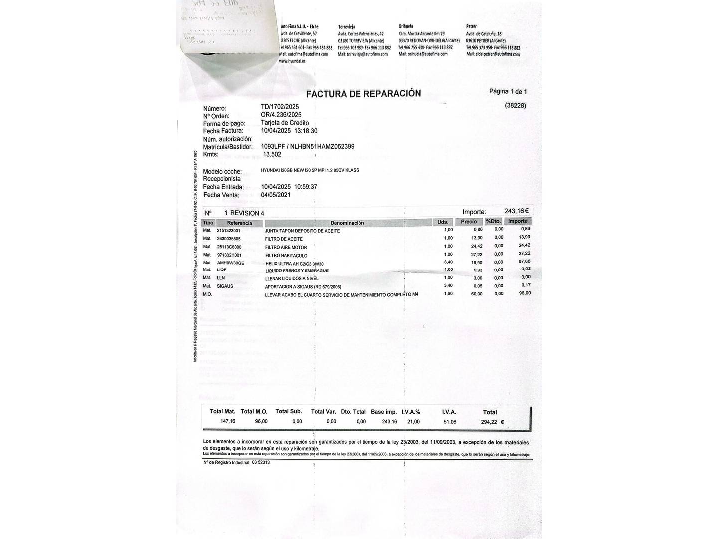 Foto del mantenimiento del Hyundai i20 Hyundai i20 1.2 MPI Klass (84 CV)