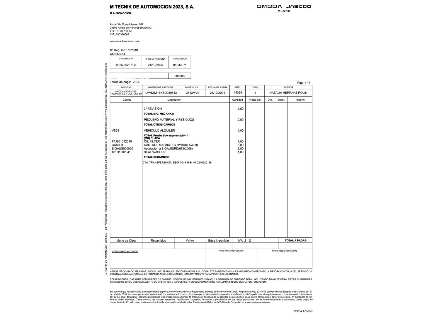 Foto del mantenimiento del OMODA 5 OMODA 5 1.6 TGDI Premium (145 CV)