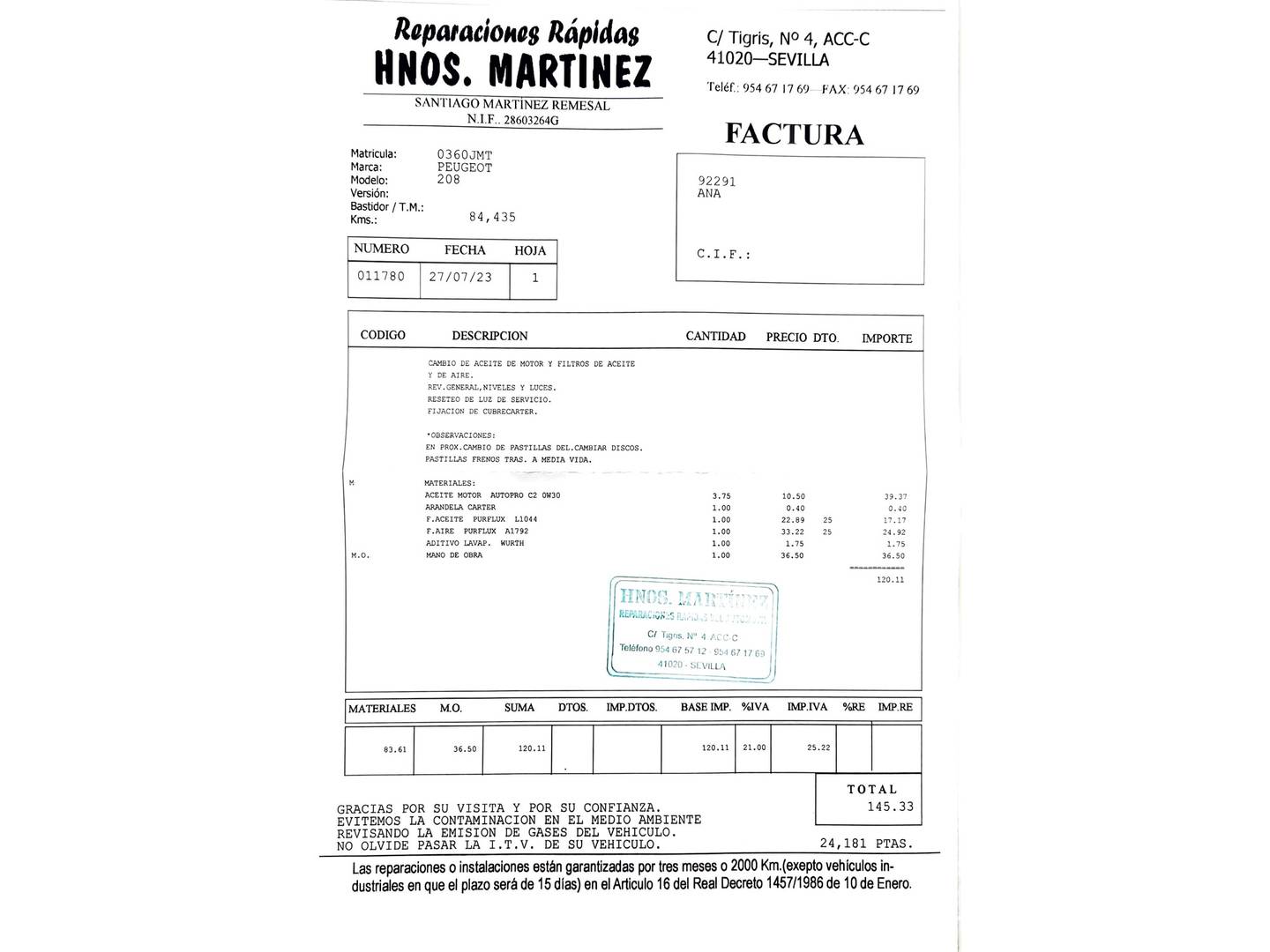 Foto del mantenimiento del Peugeot 208 Peugeot 208 1.6 BlueHDi Style (100 CV)