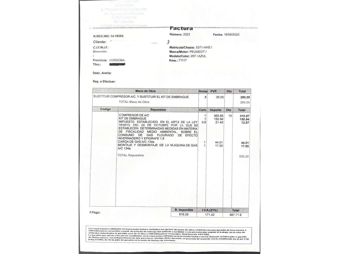 Foto del mantenimiento del Peugeot 207 Peugeot 207 1.4i Access (75 CV)