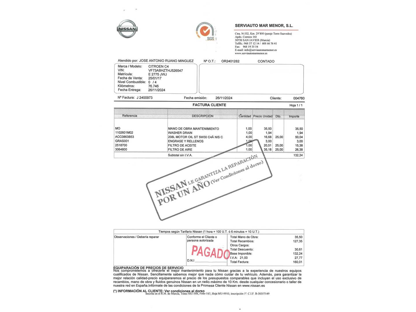 Foto del mantenimiento del Citroën Grand C4 Picasso Citroën Grand C4 Picasso BlueHDi 120 S&S Feel EAT6 (120 CV) 7 Plazas