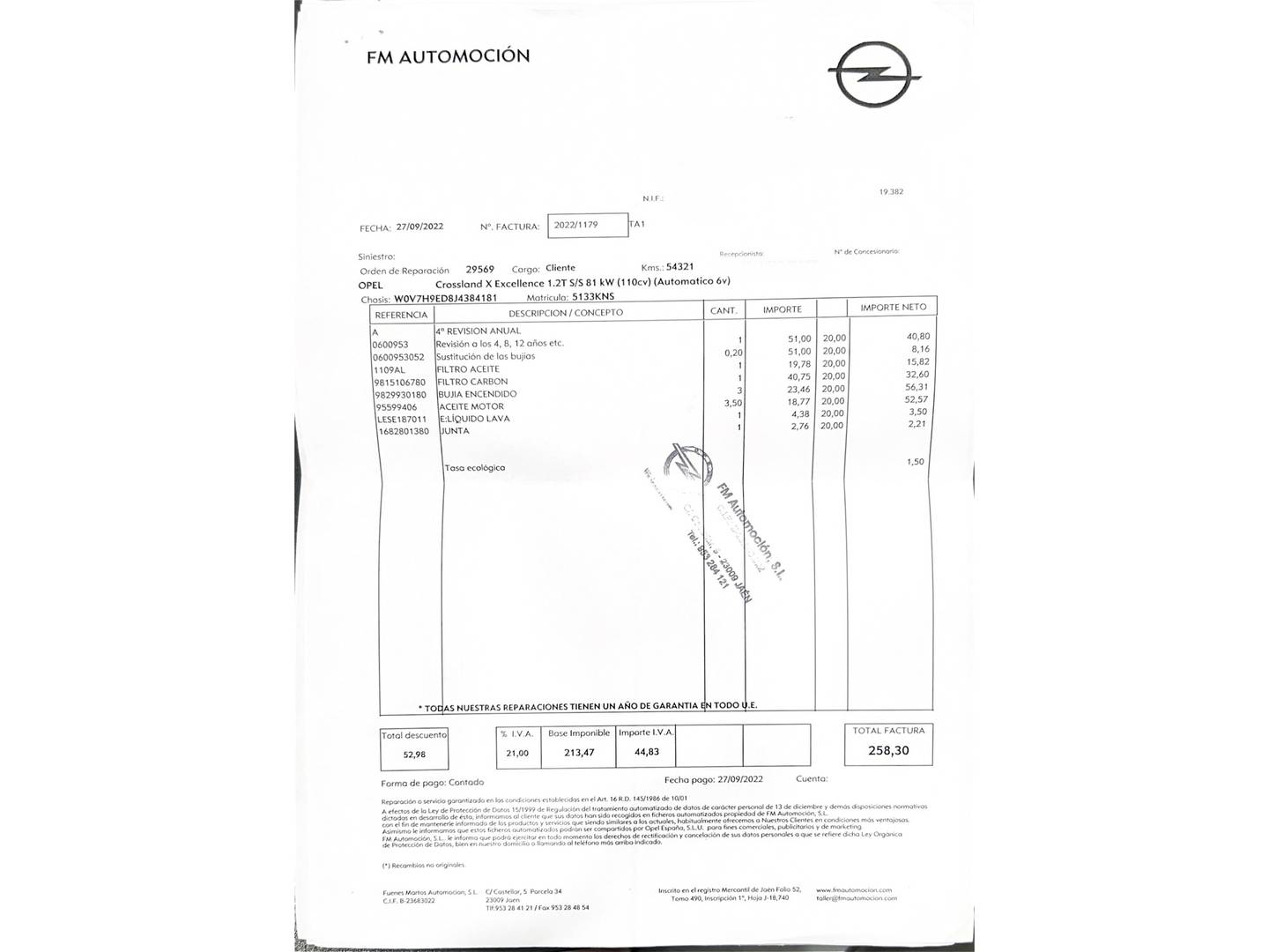 Foto del mantenimiento del Opel Crossland X Opel Crossland X 1.2T Excellence S/S Auto 81kW (110CV)