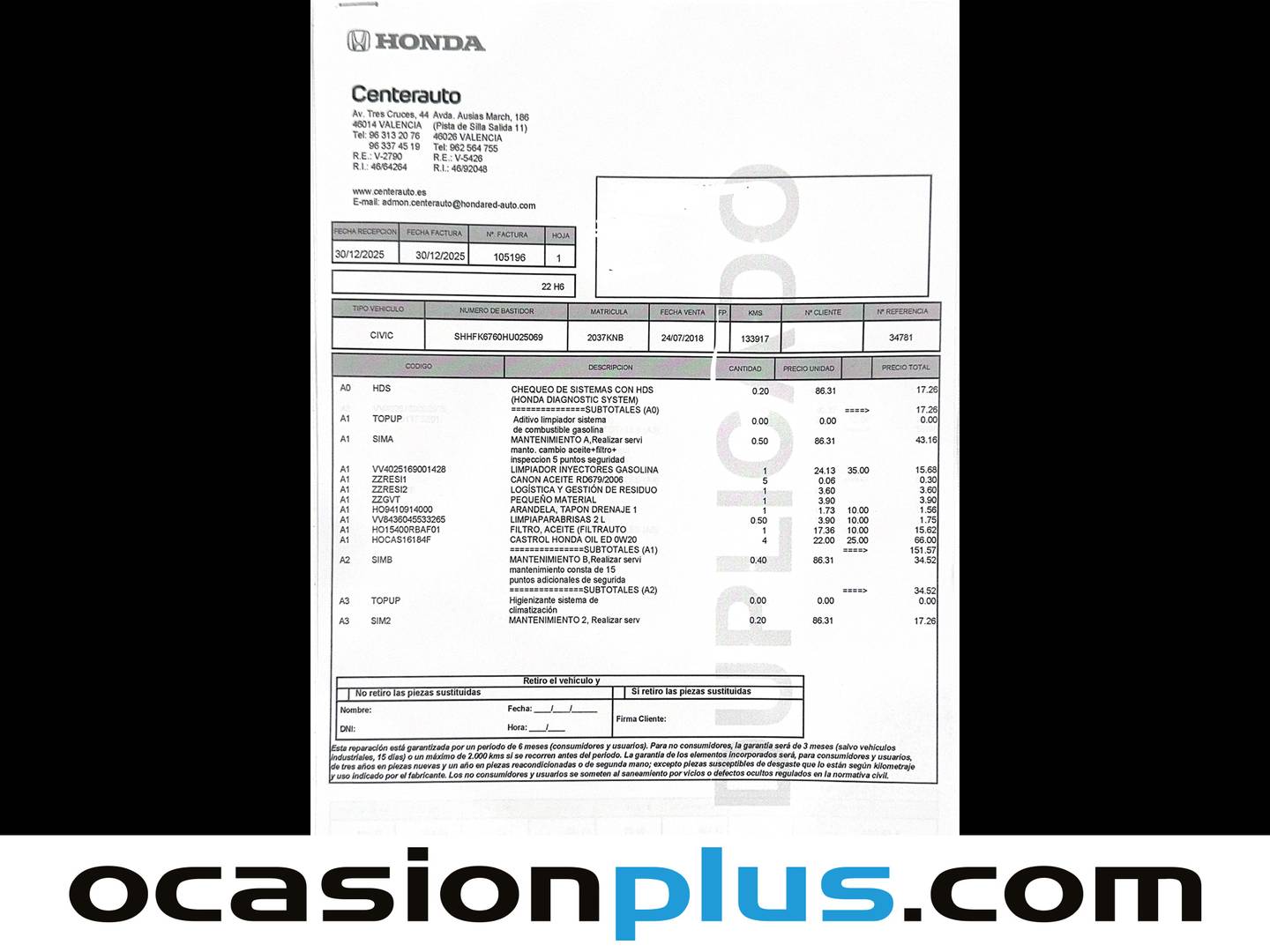 Foto del mantenimiento del Honda Civic Honda Civic 1.0 I-VTEC TURBO Elegance Navi (129 CV)