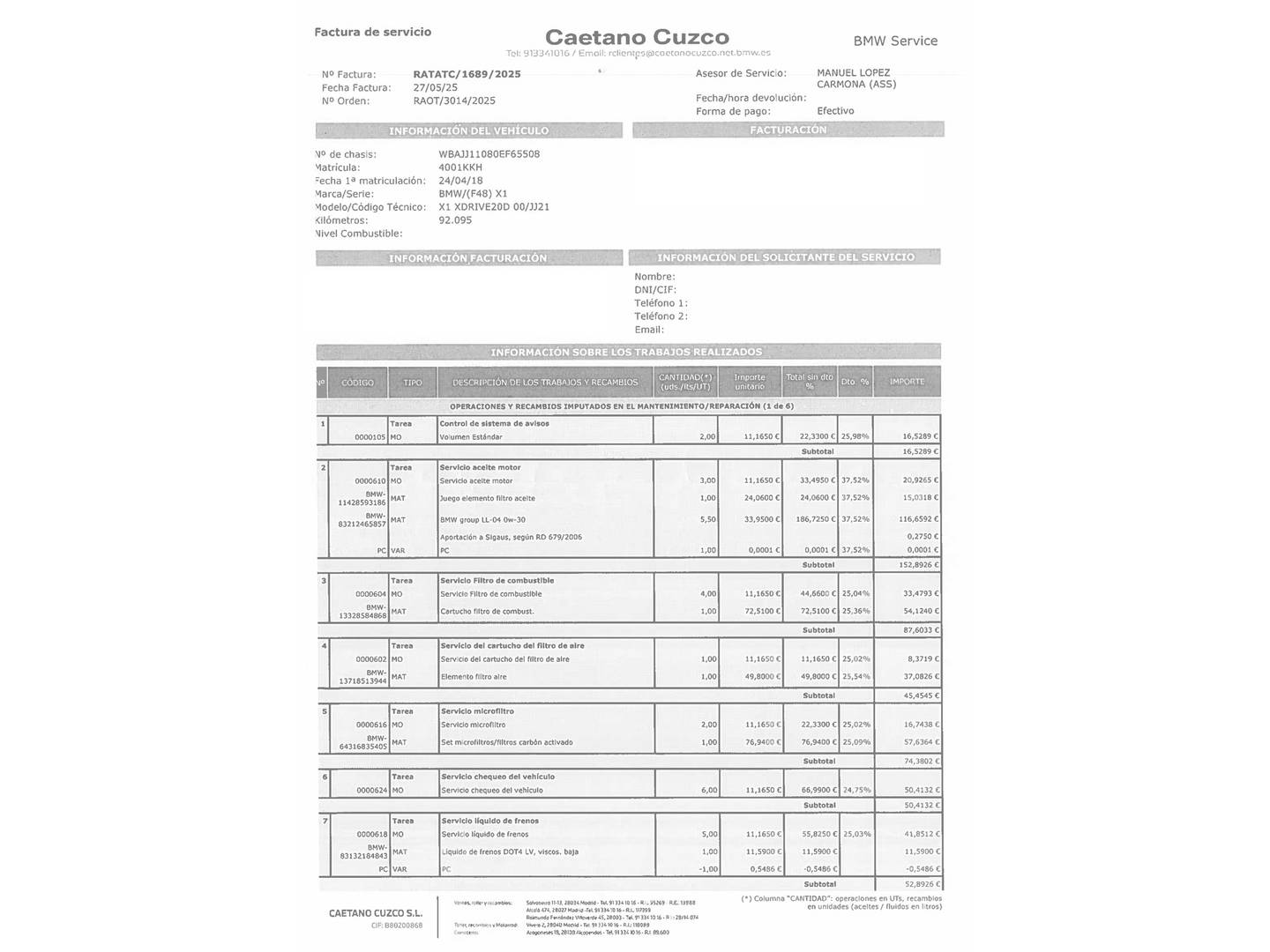 Foto del mantenimiento del BMW X1 BMW X1 xDrive20d (190 CV)