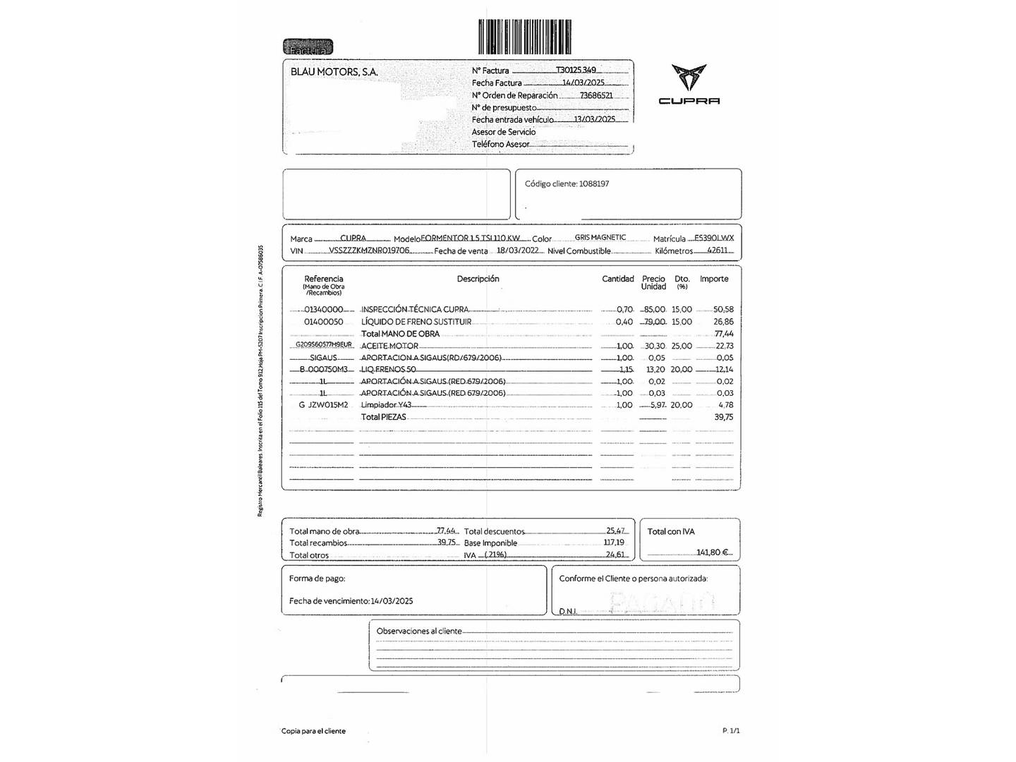 Foto del mantenimiento del Cupra Formentor Cupra Formentor 1.5 TSI (150 CV)
