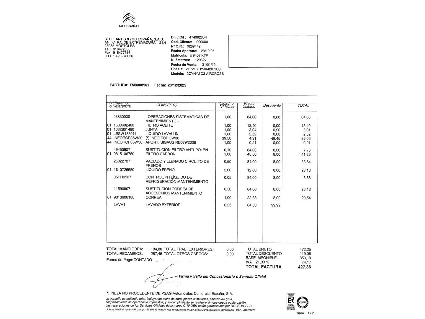 Foto del mantenimiento del Citroën C3 Aircross Citroën C3 Aircross BlueHDi 100 S&S Feel (102 CV)