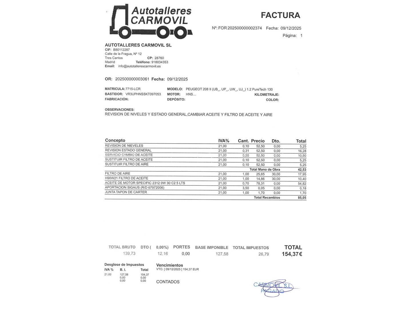 Foto del mantenimiento del Peugeot 208 Peugeot 208 PureTech 130 GT Line EAT8 (130 CV)