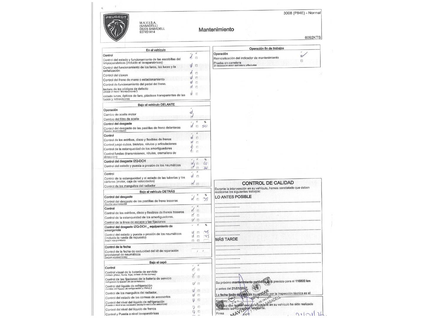 Foto del mantenimiento del Peugeot 3008 Peugeot 3008 PureTech 180 GT Line EAT8 (180 CV)