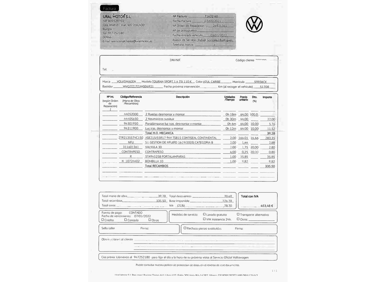 Foto del mantenimiento del Volkswagen Touran Volkswagen Touran Sport 1.4 TSI (150 CV) 7 Plazas