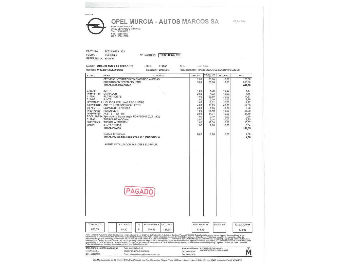 Foto del mantenimiento del Opel Grandland X Opel Grandland X 1.2 Turbo 120 Aniversario (130 CV)
