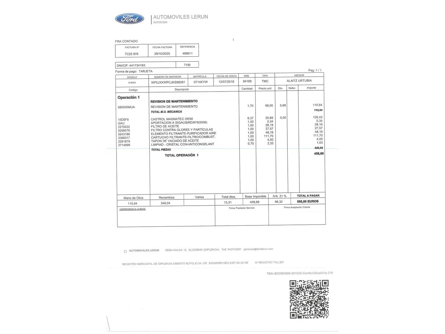 Foto del mantenimiento del Ford S-MAX Ford S-Max 2.0 TDCI Panther ST-Line Powershift (150 CV) 7 Plazas