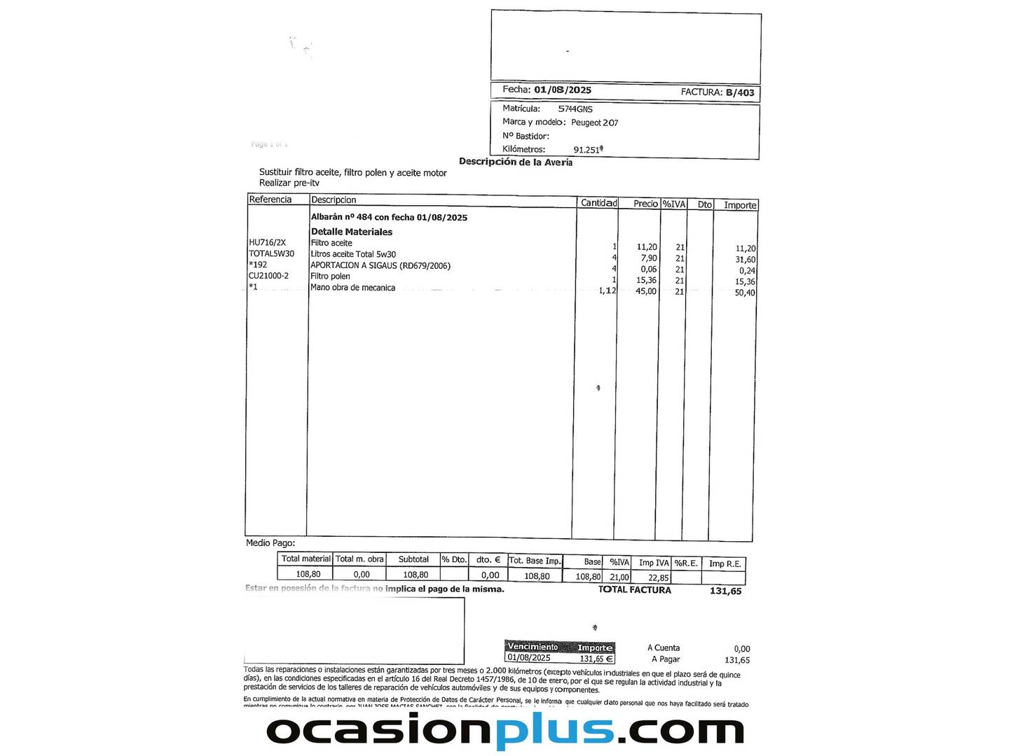 Foto del mantenimiento del Peugeot 207 Peugeot 207 SW 1.6 HDI Confort (90 CV)