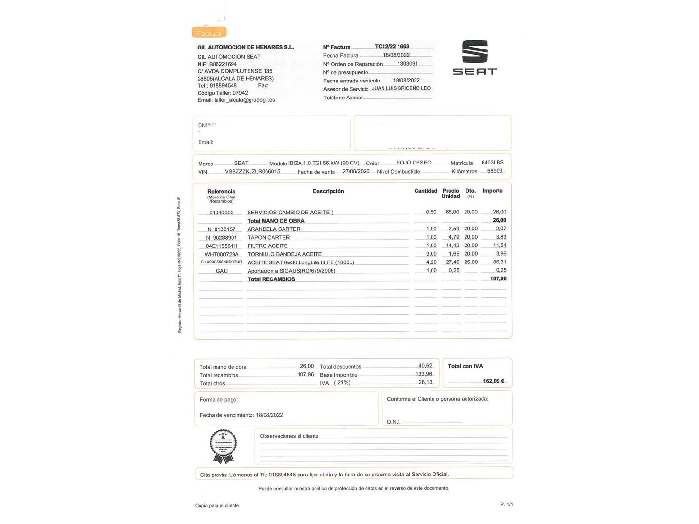 Foto del mantenimiento del Seat Ibiza Seat Ibiza 1.0 TGI FR (90 CV)