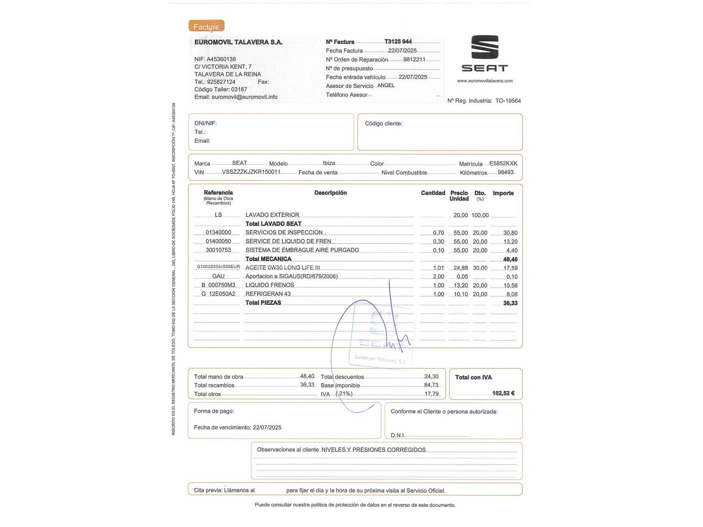 Foto del mantenimiento del Seat Ibiza SEAT Ibiza 1.0 EcoTSI FR (115 CV)