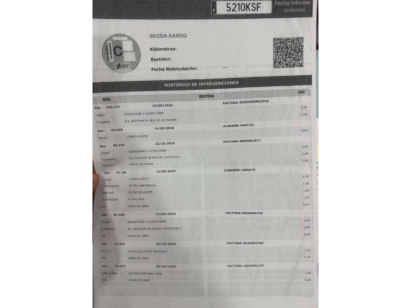 Foto del certificado del Skoda Karoq Skoda Karoq 1.5 TSI ACT Ambition DSG (150 CV)