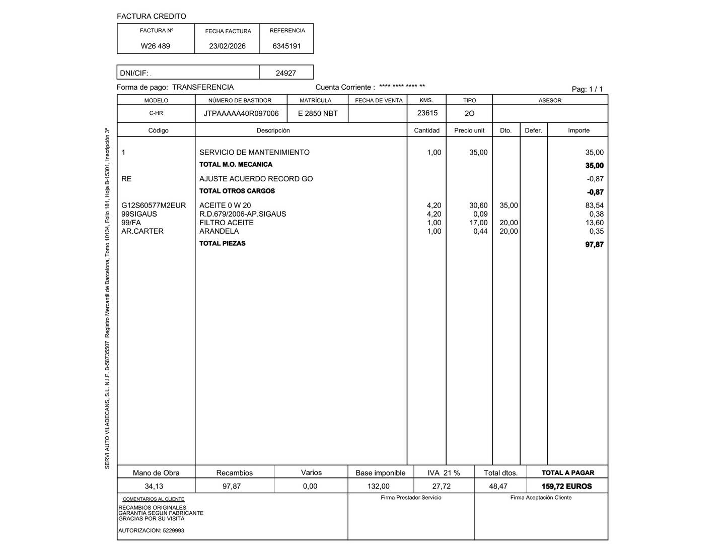 Foto del mantenimiento del Toyota C-HR Toyota C-HR 140H Advance (140 CV)