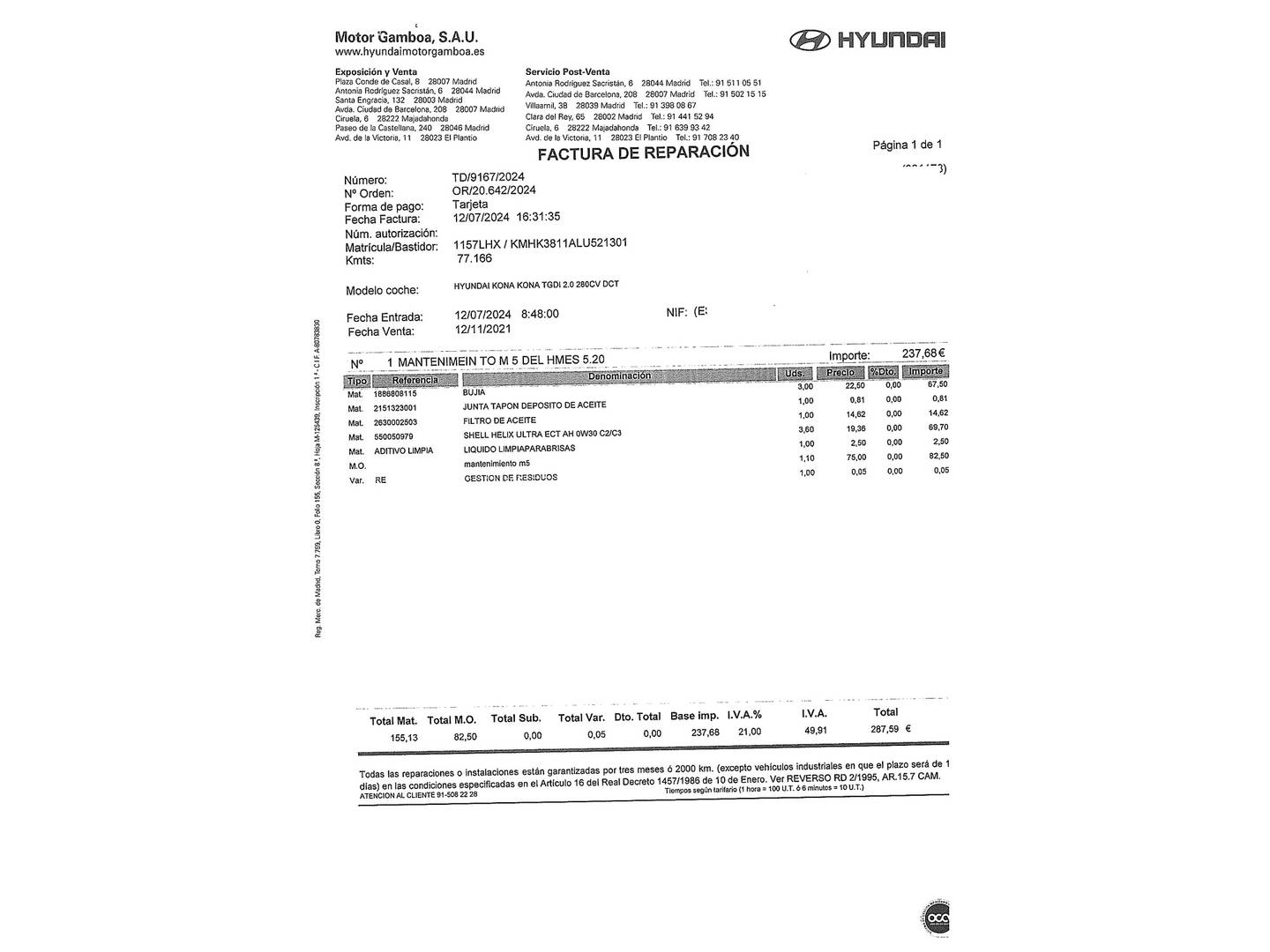 Foto del mantenimiento del Hyundai Kona Hyundai Kona 1.0 TGDI SLE 4x2 (120 CV)