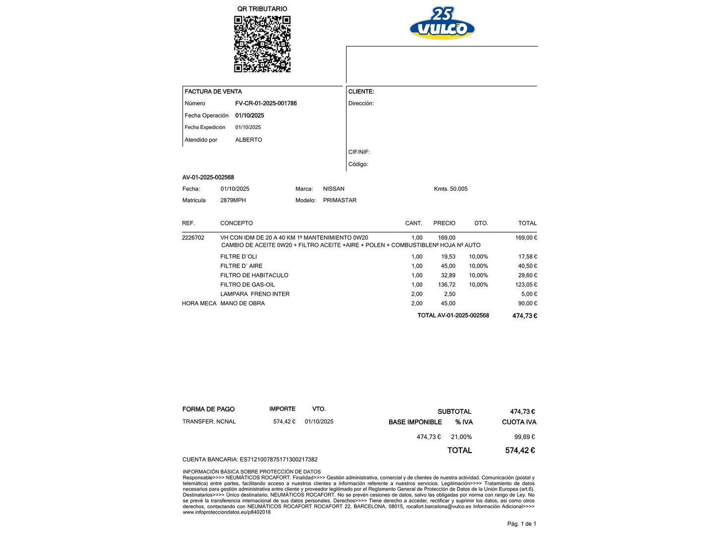 Foto del mantenimiento del Nissan Primastar Nissan Primastar 2.0 dCi L2H1 Go (150 CV) 9 Plazas
