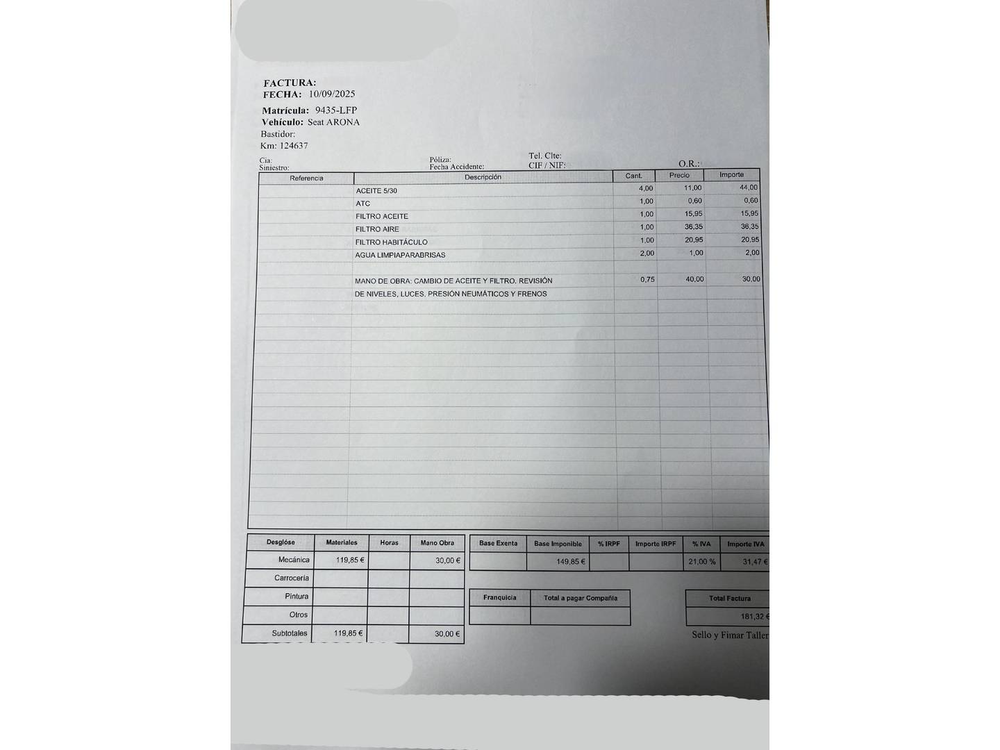 Foto del mantenimiento del Seat Arona Seat Arona 1.0 TSI Ecomotive Style Edition (115 CV)