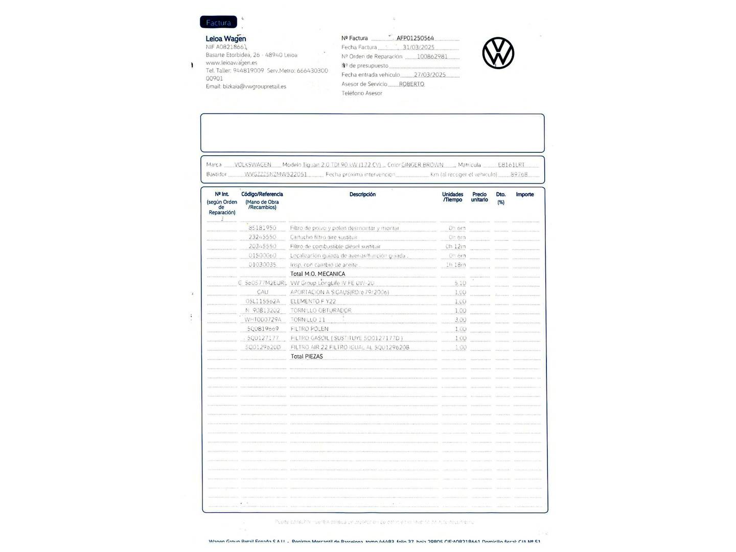 Foto del mantenimiento del Volkswagen Tiguan Volkswagen Tiguan 2.0 TDI (122 CV)