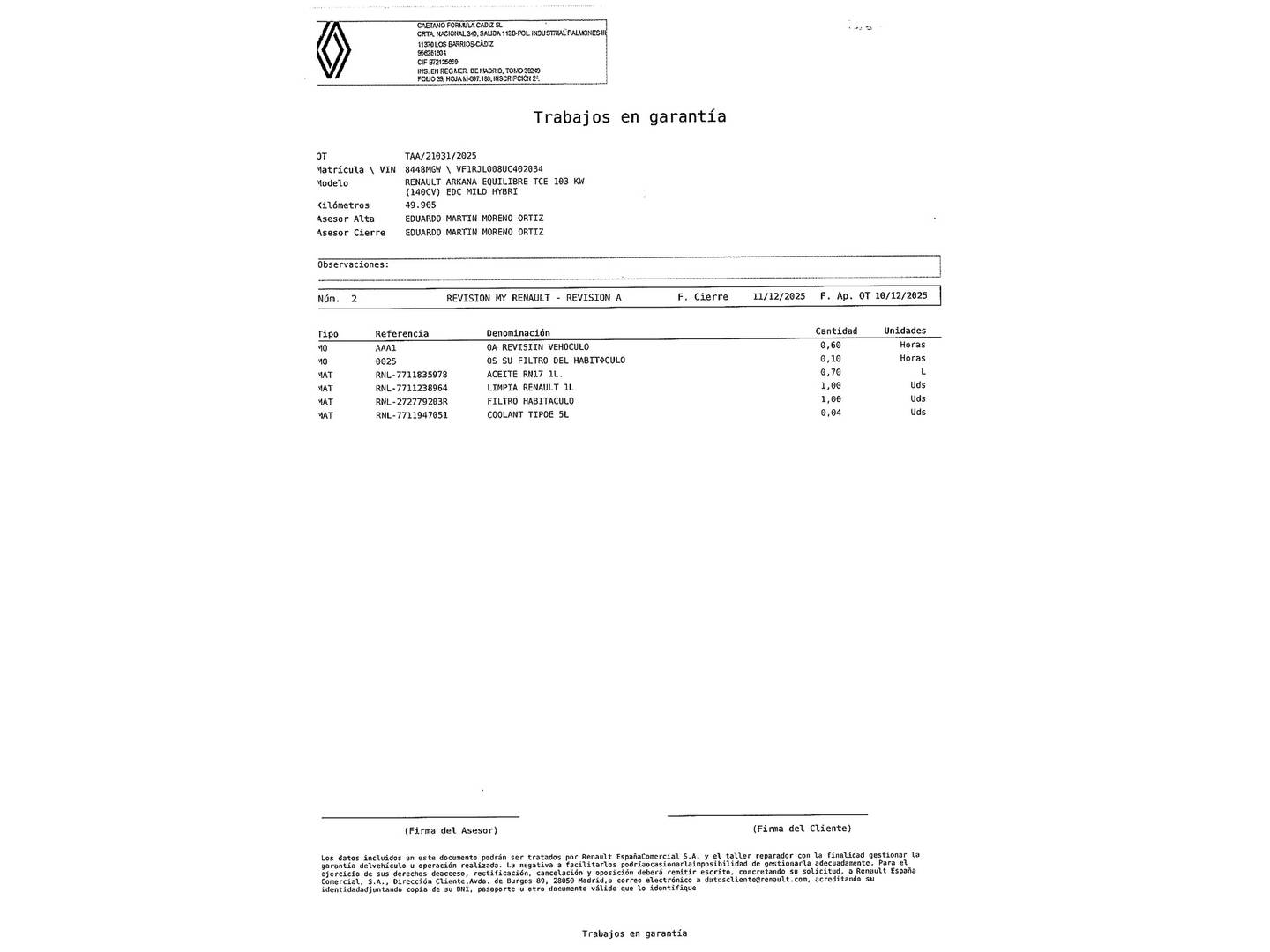 Foto del mantenimiento del Renault Arkana Renault Arkana Equilibre TCe (140 CV) EDC Microhíbrido
