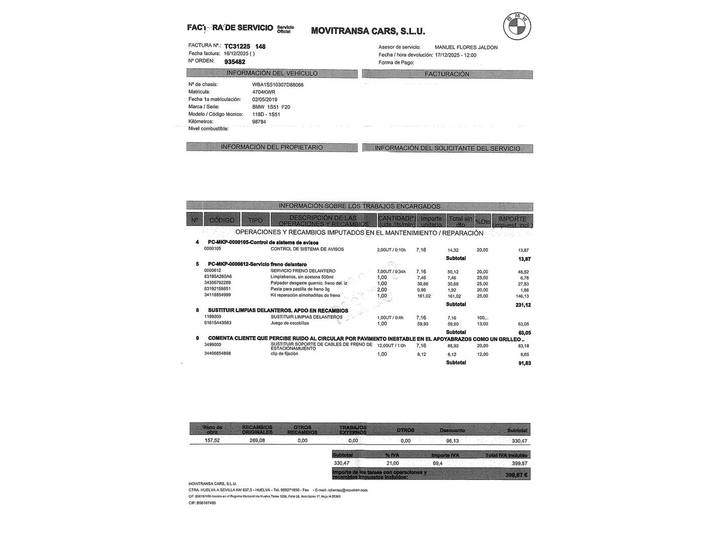 Foto del mantenimiento del BMW Serie 1 BMW Serie 1 118d (150 CV)