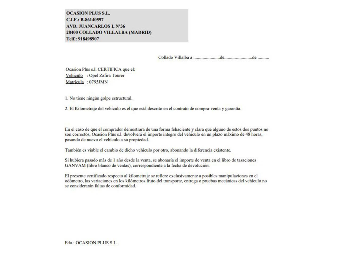 Foto del certificado del Opel Zafira Tourer Opel Zafira Tourer 1.6 CDTi S&S Selective (136 CV) 7 Plazas