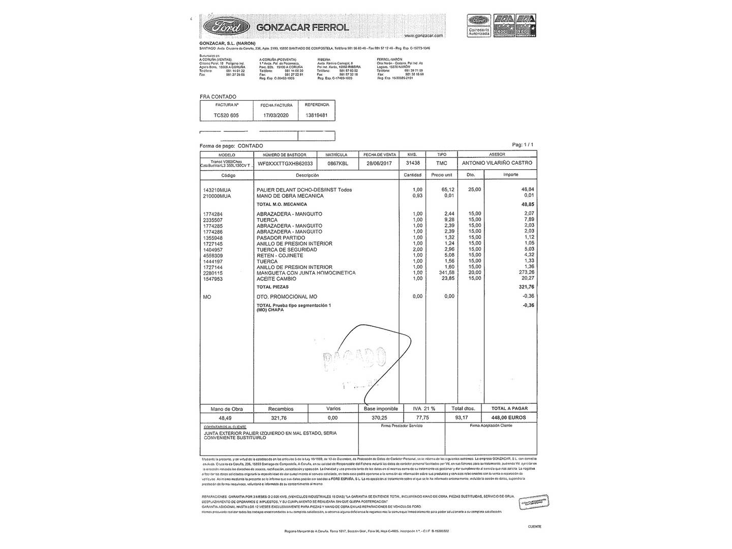 Foto del mantenimiento del Ford Transit Ford Transit Furgon 350 L3H2 Trend Delantera (130 CV)