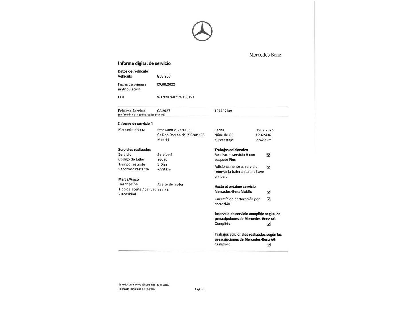 Foto del mantenimiento del Mercedes GLB Mercedes GLB 200 (163 CV)