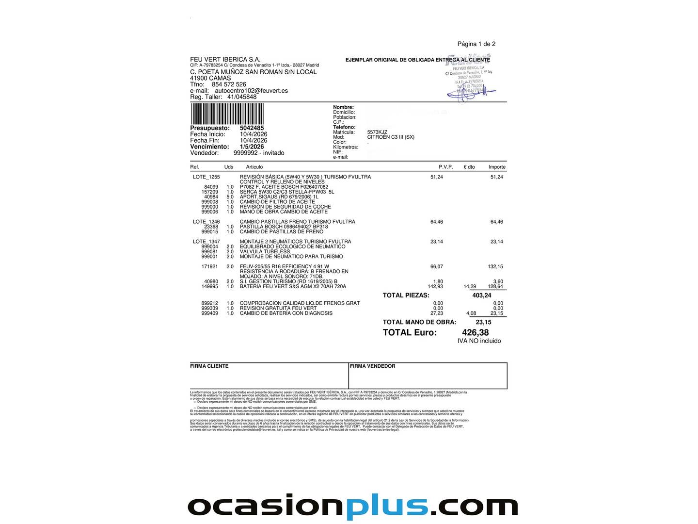 Foto del mantenimiento del Citroën C3 Citroën C3 BlueHDi 75 S&S Feel (75 CV)