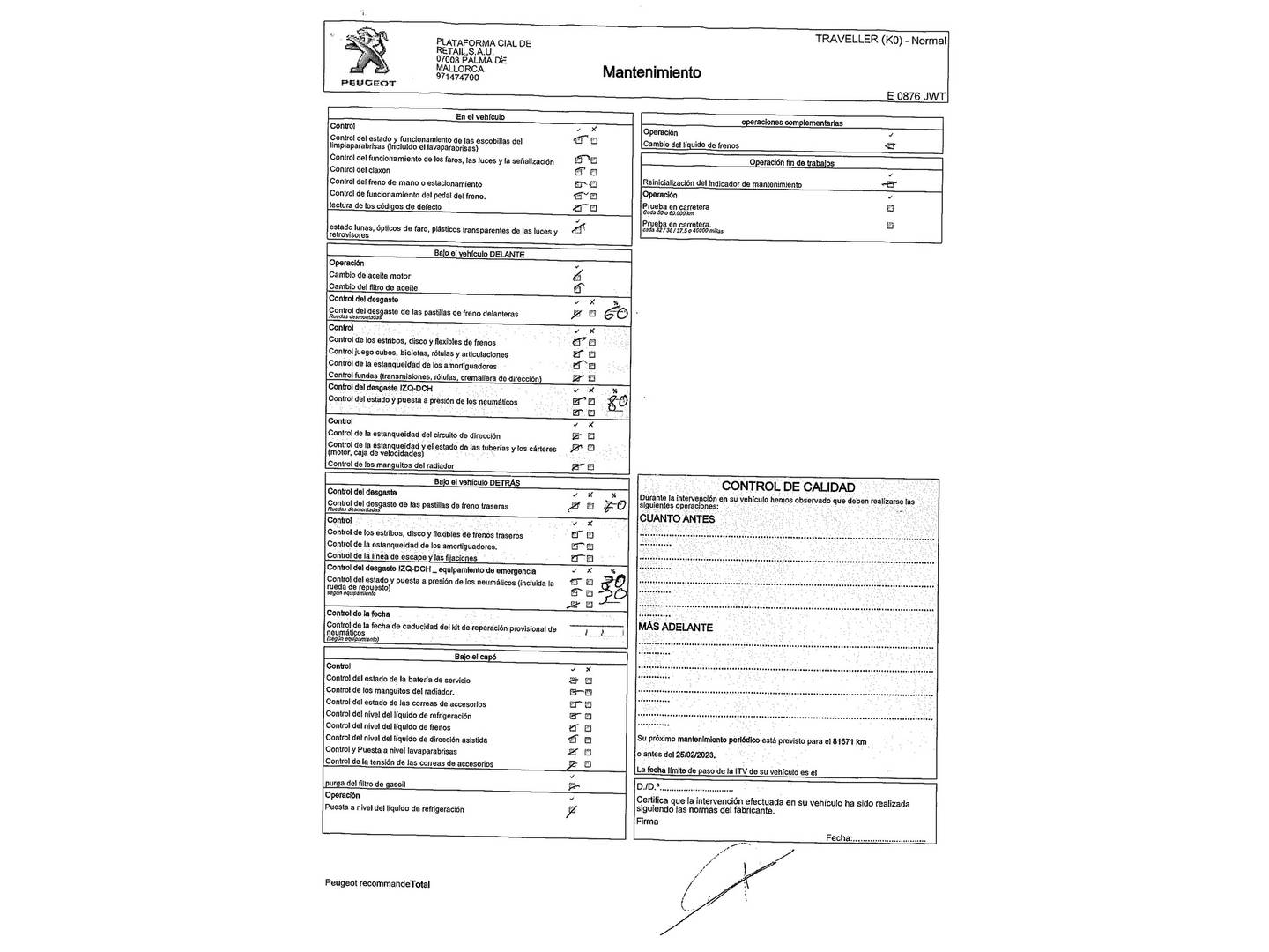 Foto del mantenimiento del Peugeot Traveller Peugeot Traveller 2.0 BlueHDi Business Standard (150 CV)9 Plazas