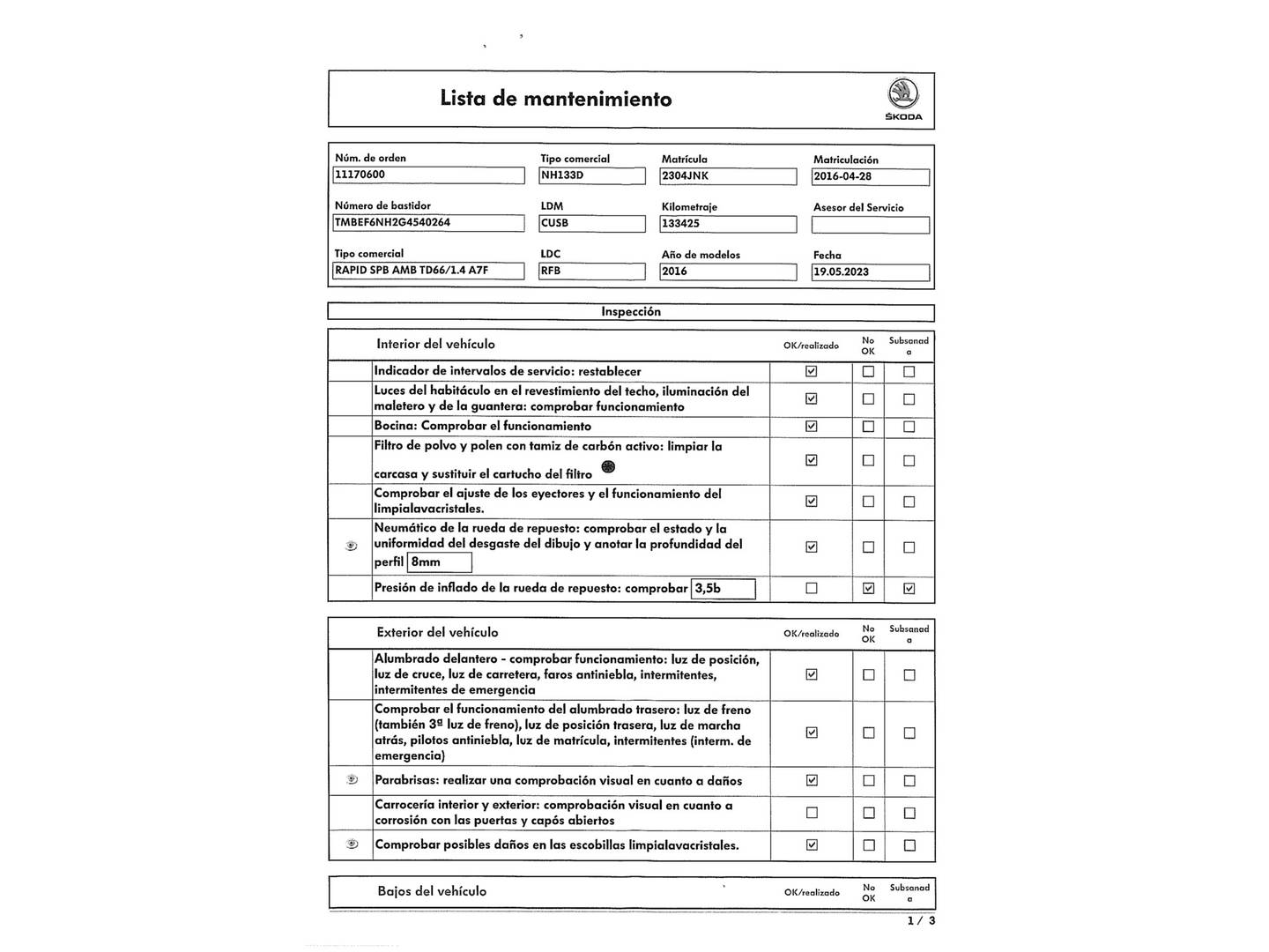 Foto del mantenimiento del Skoda Spaceback Skoda Spaceback 1.4 TDI Ambition DSG (90 CV)