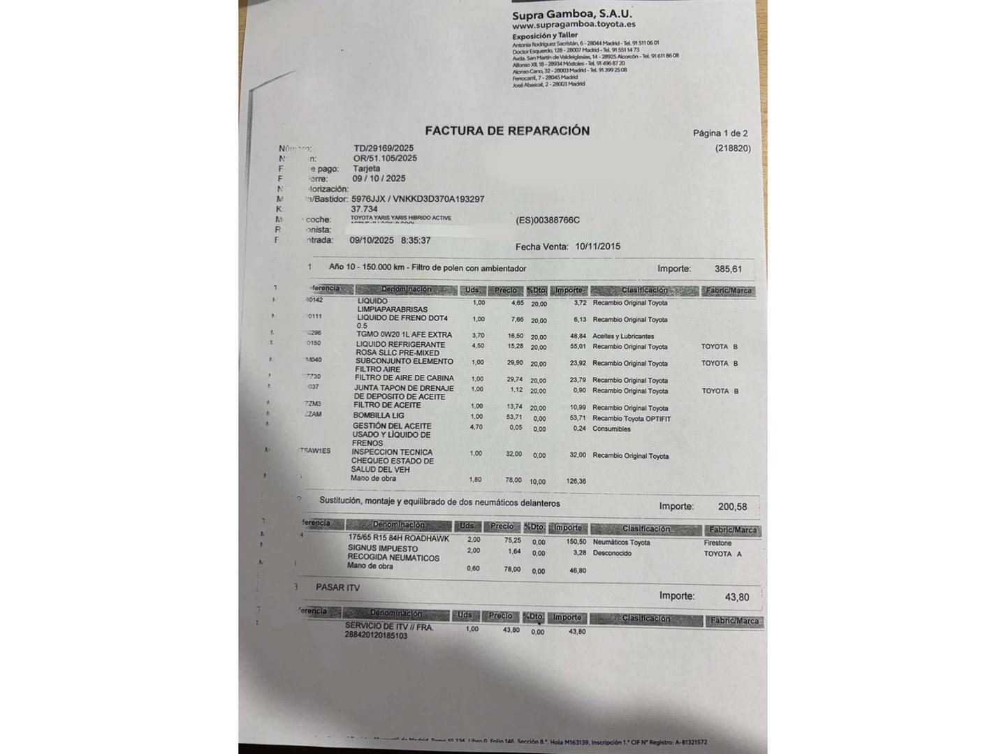 Foto del mantenimiento del Toyota Yaris Toyota Yaris 1.5 Hybrid Active (100 CV)