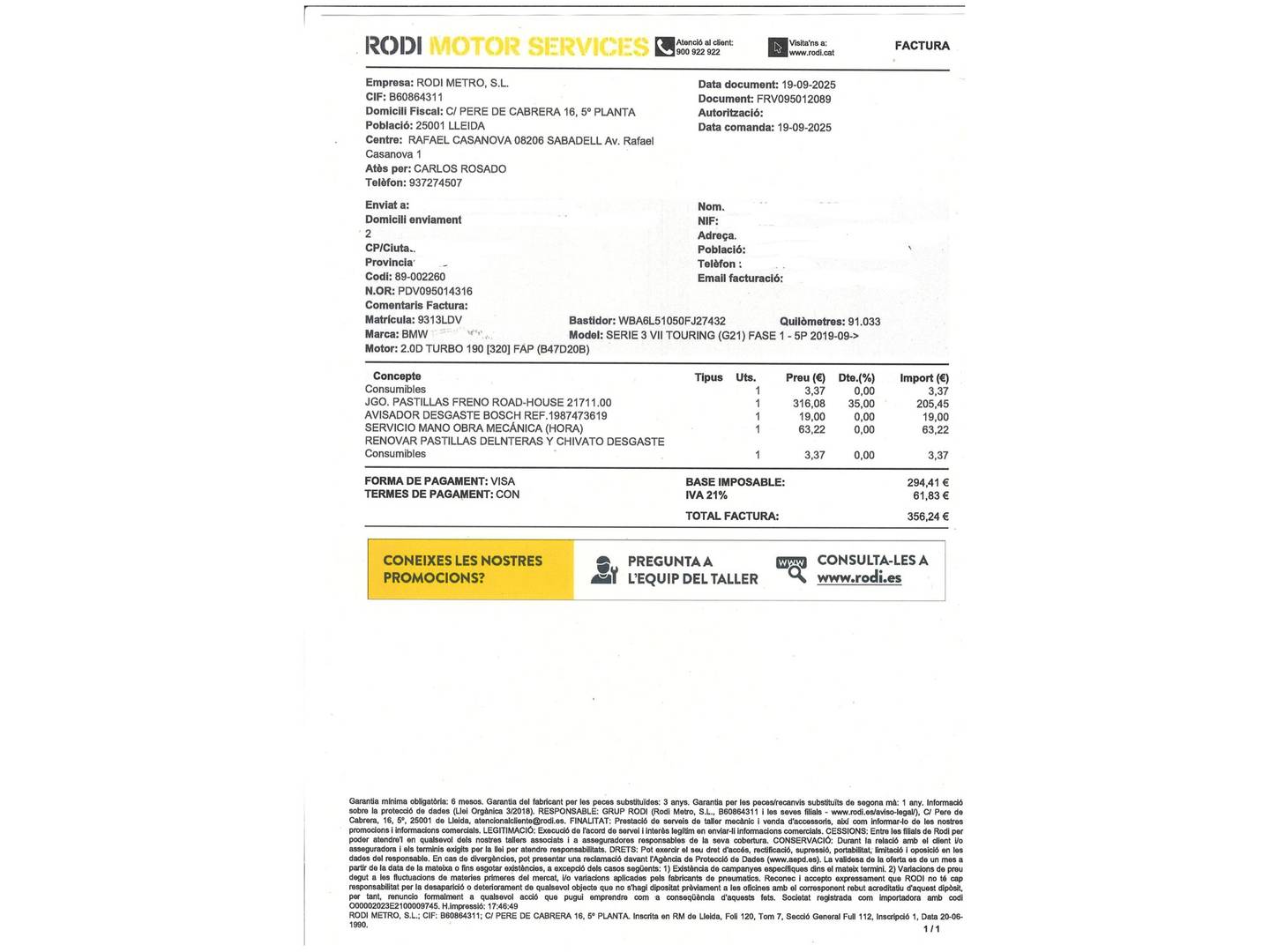 Foto del mantenimiento del BMW Serie 3 BMW Serie 3 320d Touring (190 CV) Pack M