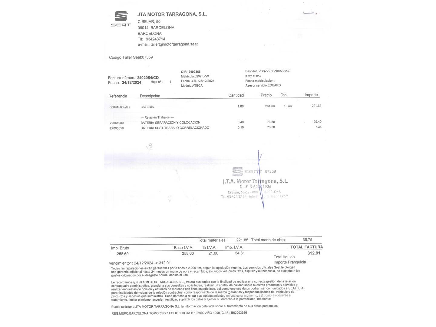 Foto del mantenimiento del Seat Ateca Seat Ateca 2.0 TDI S&S Xcellence Plus DSG (150 CV)