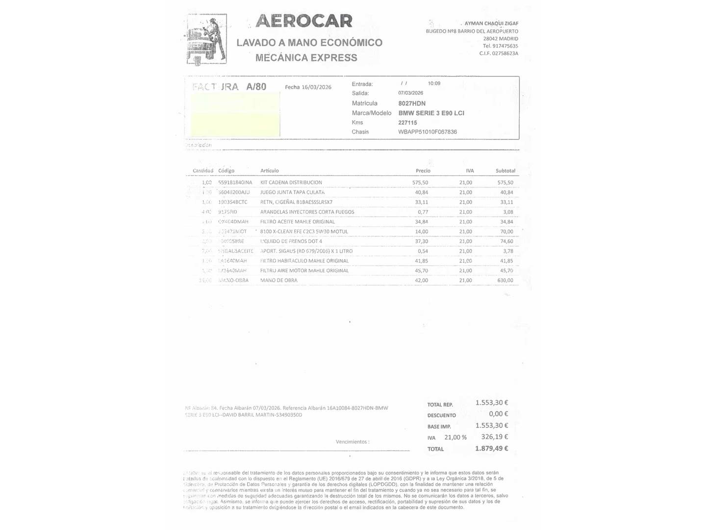 Foto del mantenimiento del BMW Serie 3 BMW Serie 3 320d Efficient Dynamics (163 CV)
