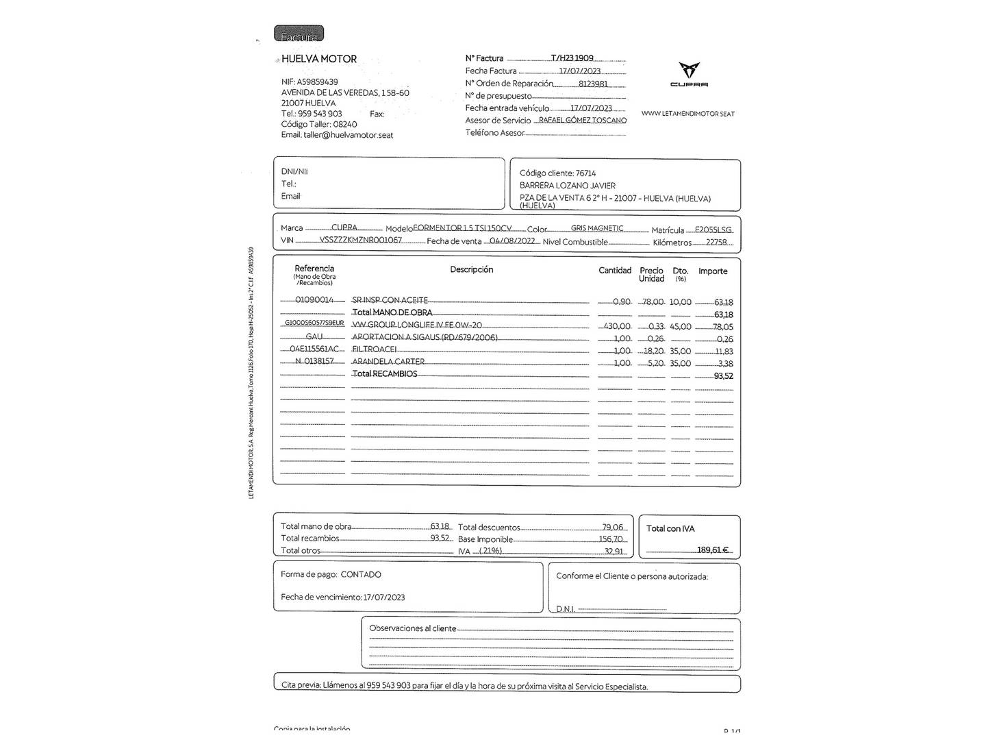 Foto del mantenimiento del Cupra Formentor CUPRA Formentor 1.5 TSI DSG (150 CV)