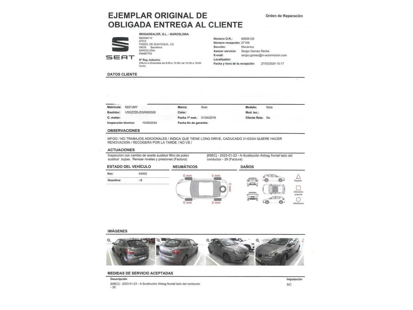 Foto del mantenimiento del Seat Ibiza Seat Ibiza SC 1.2 TSI Style Connect (90 CV)